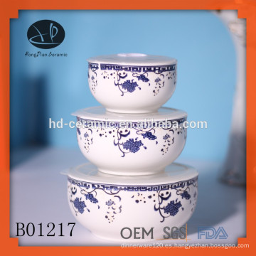 3pcs cuenco de sello fresco conjunto, chino tazón azul, porcelana 3pcs tazón de sello fresco